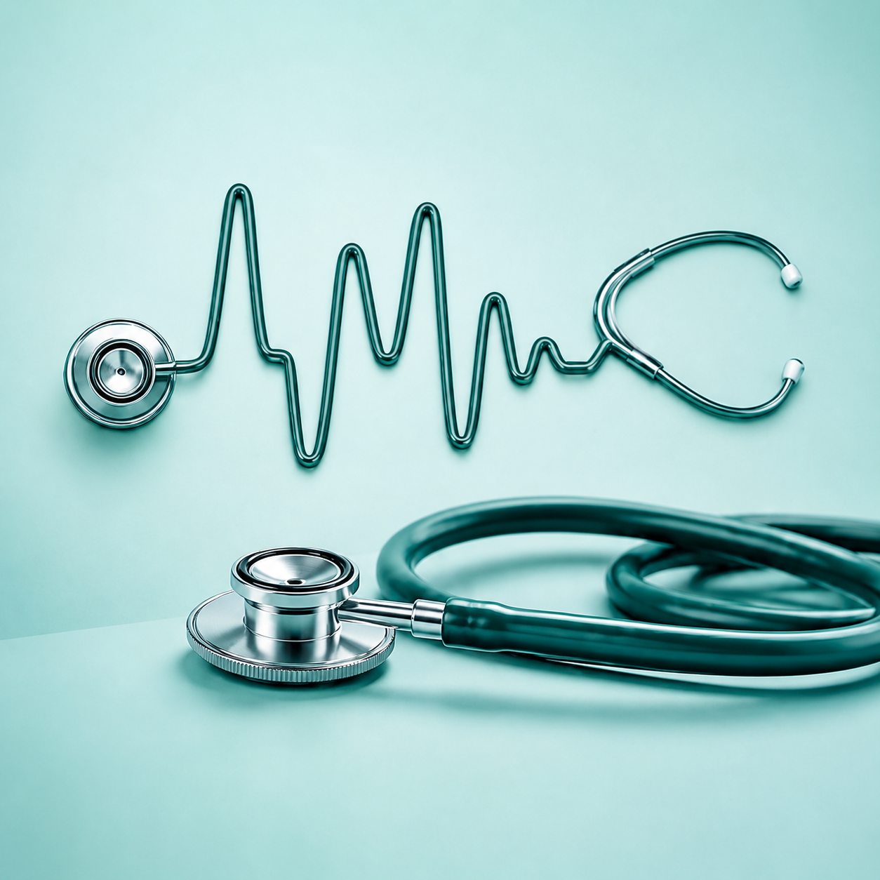 A stethoscope arranged as a heartbeat line above a second stethoscope